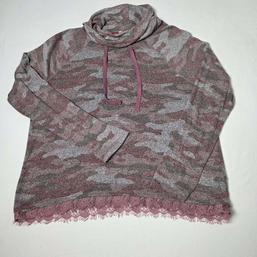 Nicole Miller Camo Soft Pullover Women XL Mauve Lace Trim Cowl Neck NK93028B1
